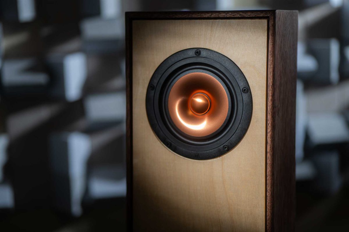 Close-up of the copper-colored metal cone of the Momentae full-range driver